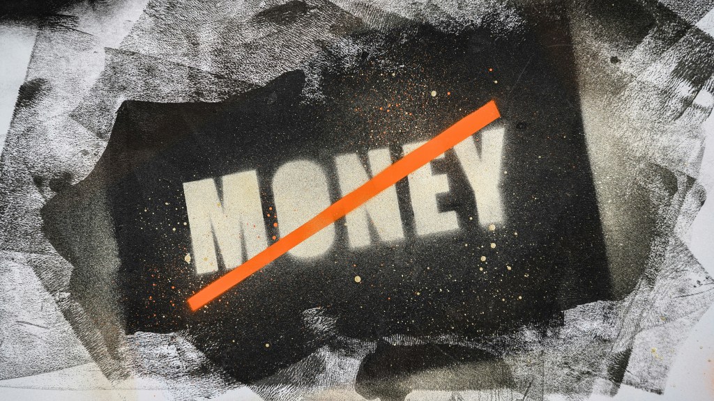 A stylized depiction of the word 'MONEY' with a bold orange slash across it, set against a textured black background with splashes of color.